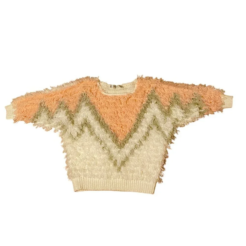 CRISTINA'S White Gray & Pink Pastel Shaggy Fluffy Sweater Hand Crochet Size (L)